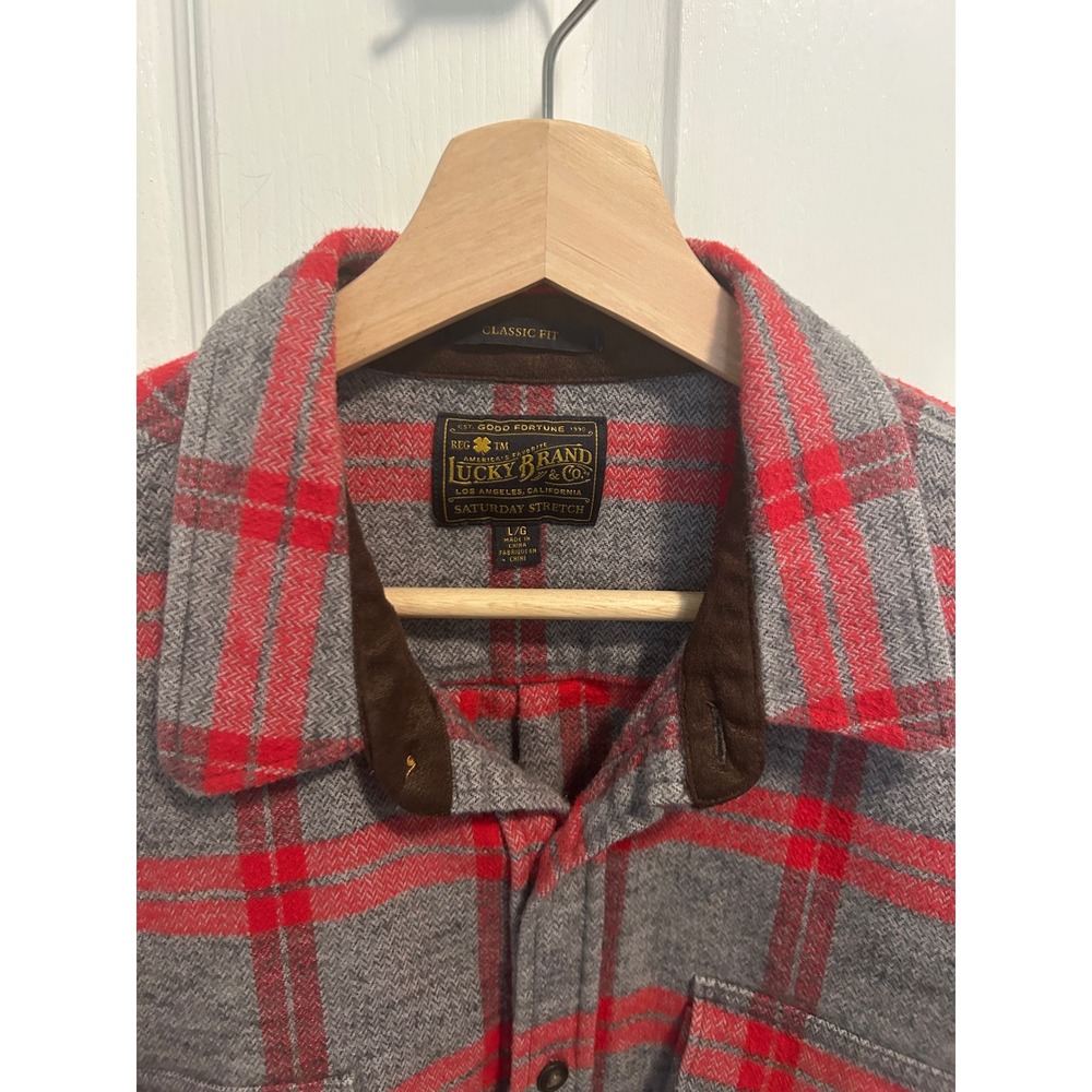 Lucky Brand Mens L G Gray Red Plaid Flannel Shirt Classic Fit Saturday Stretch - Picture 3 of 8
